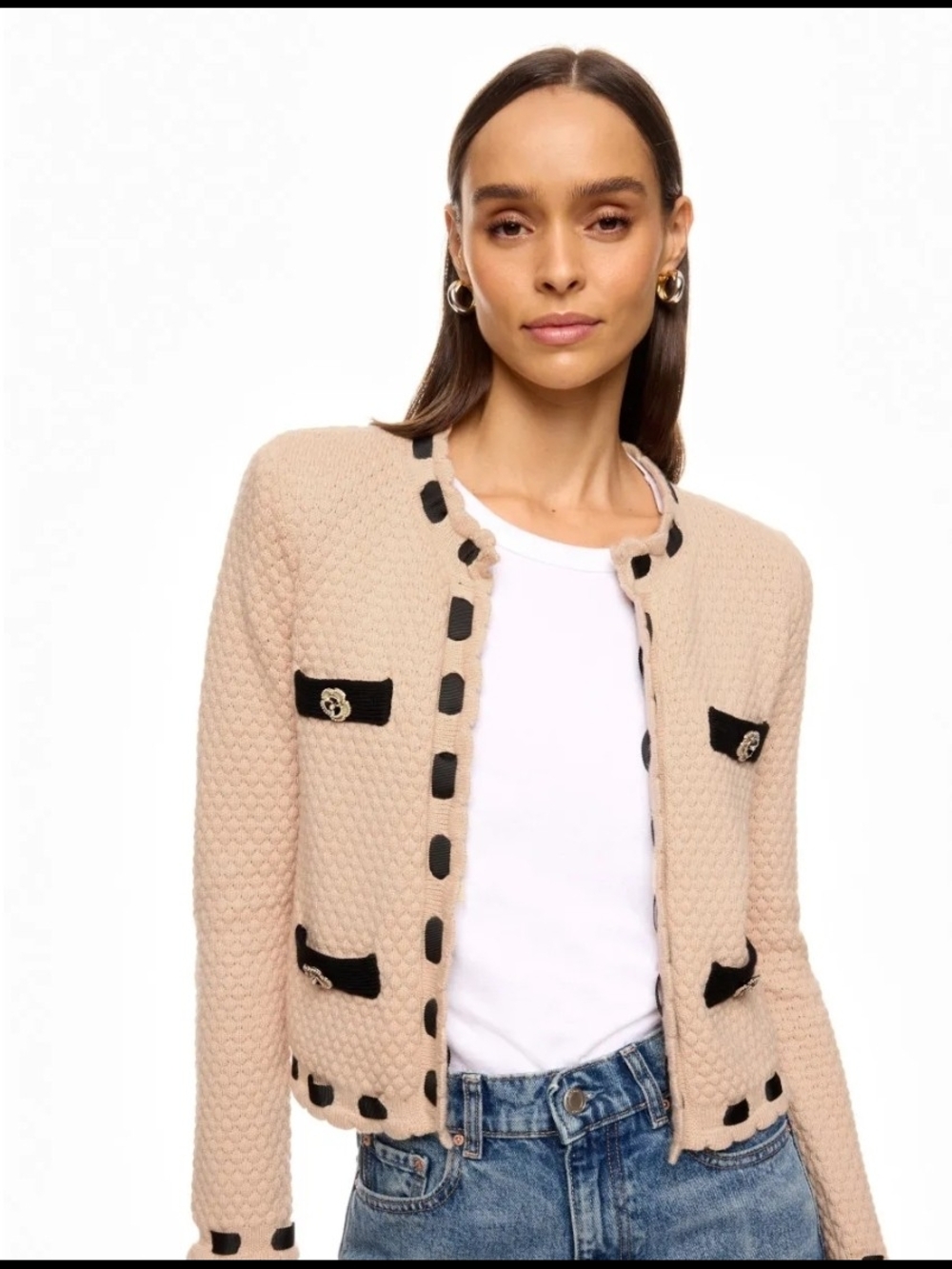 Textured Beige Open-Front Jacket with Black Trim